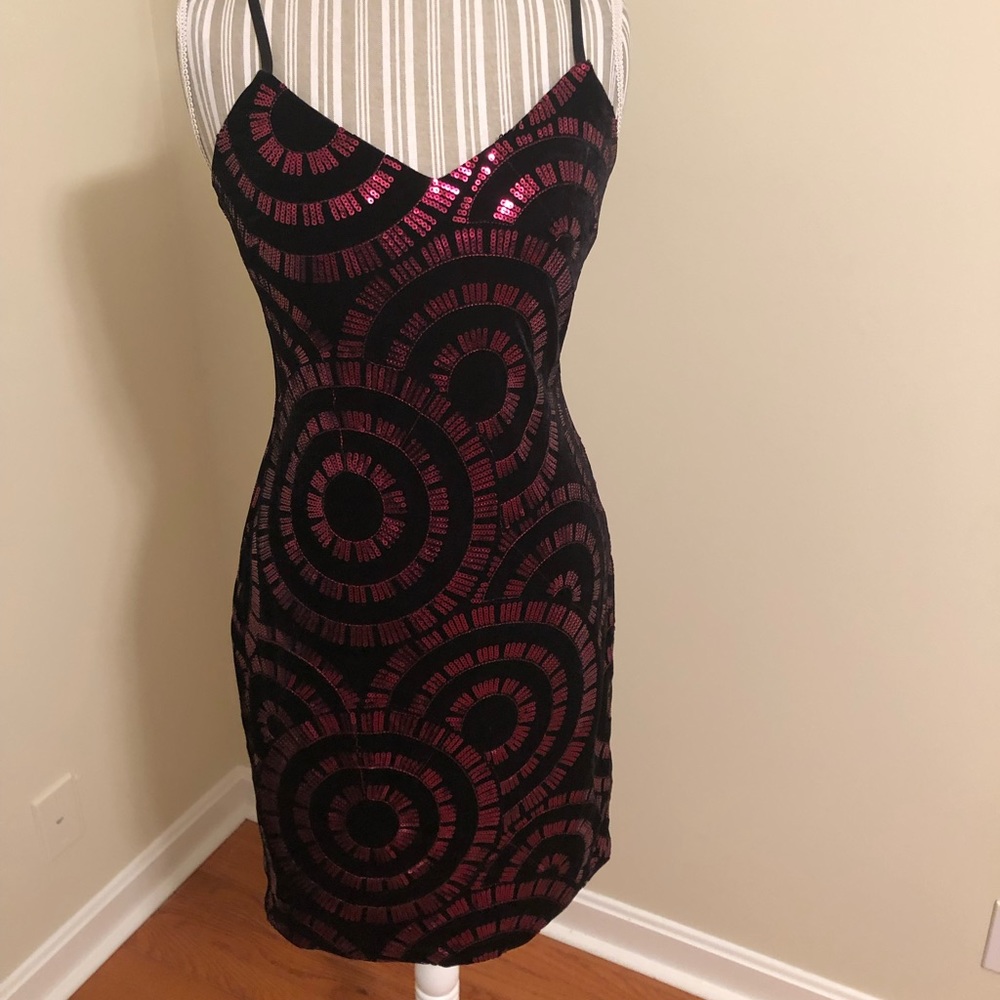Red sequin black velvet dress